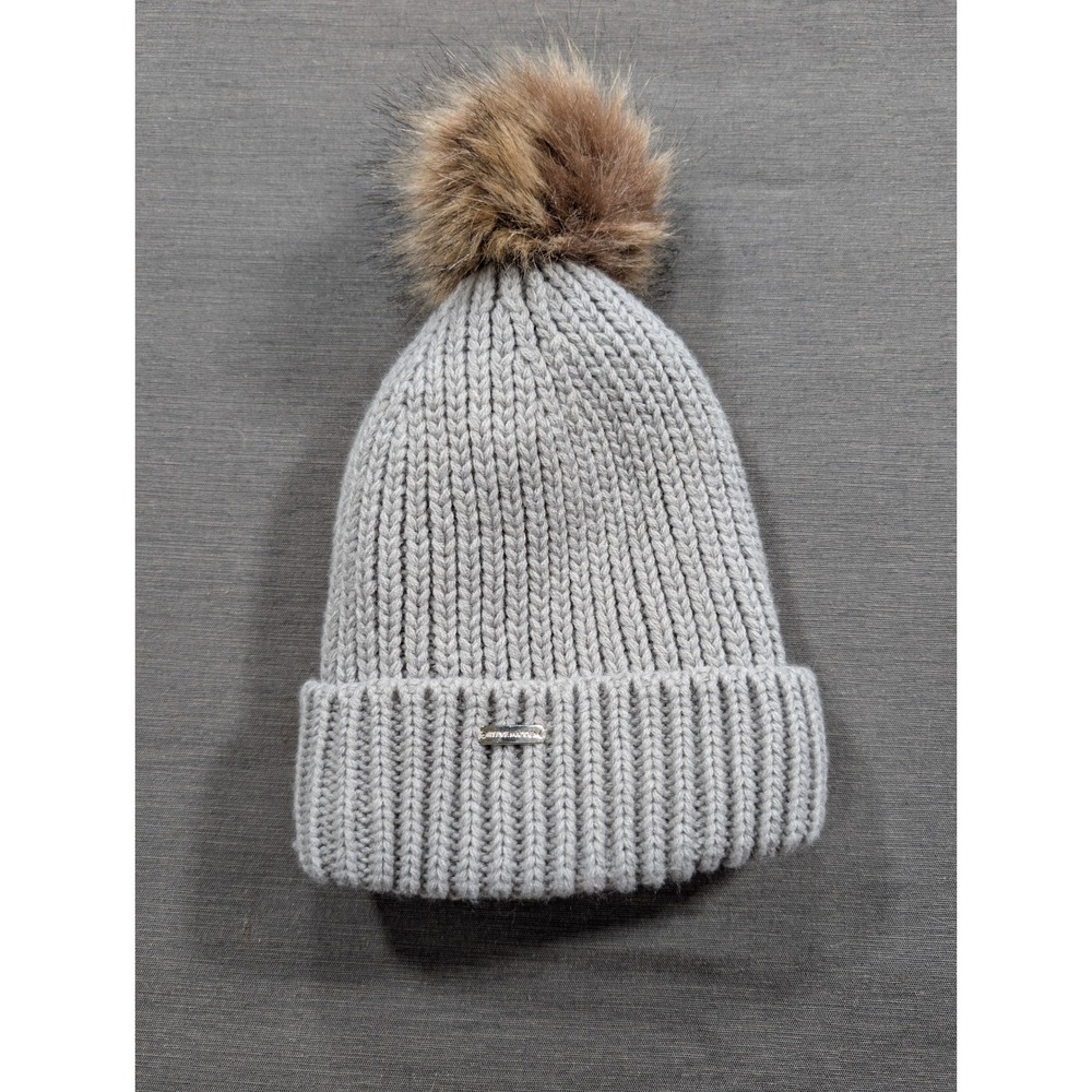 Steve Madden Knit Beanie Hat Faux Fur Pom Gray Acrylic Winter Warm